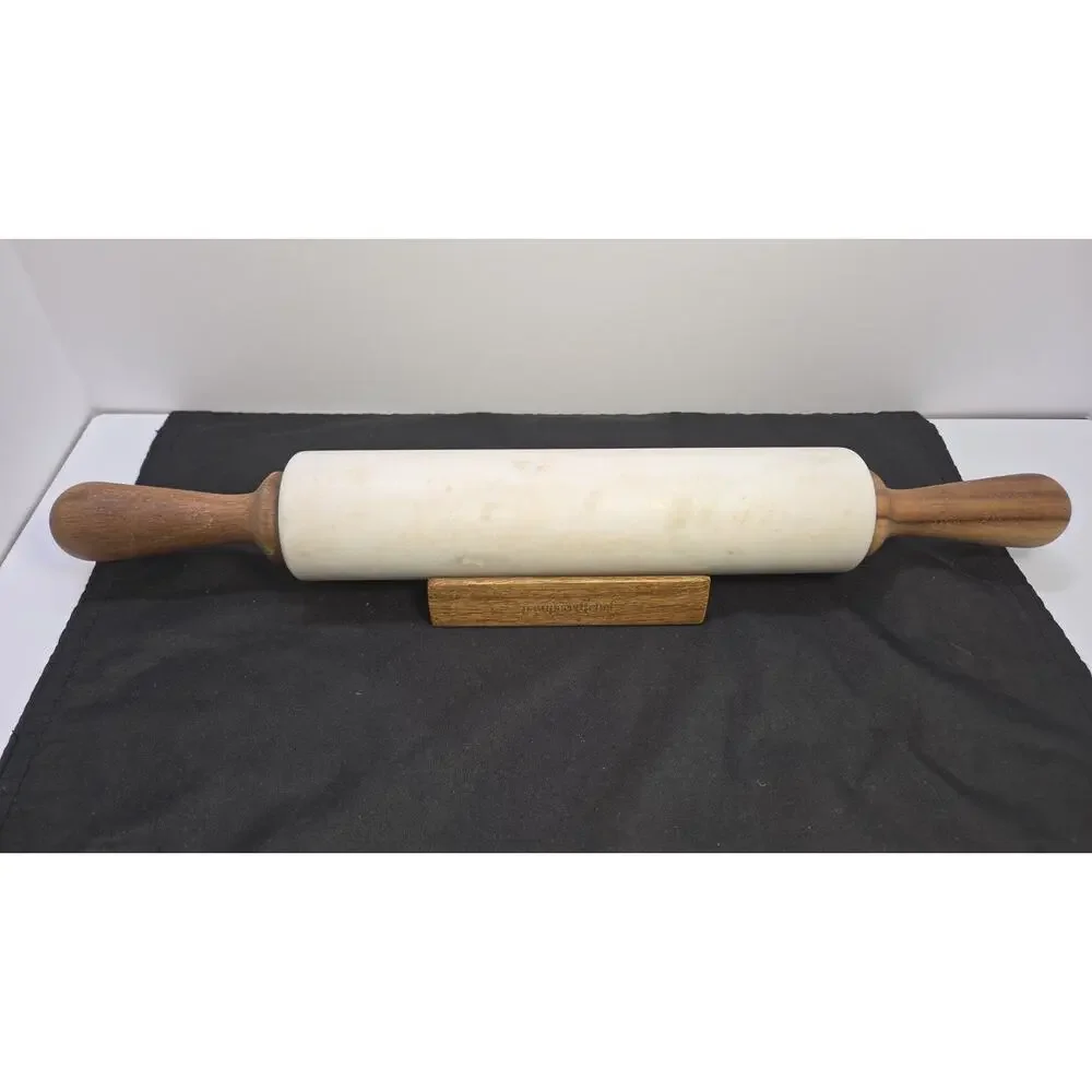 Pampered Chef White Marble Rolling Pin #1607 w/ Wood Handles & Cradle Stand